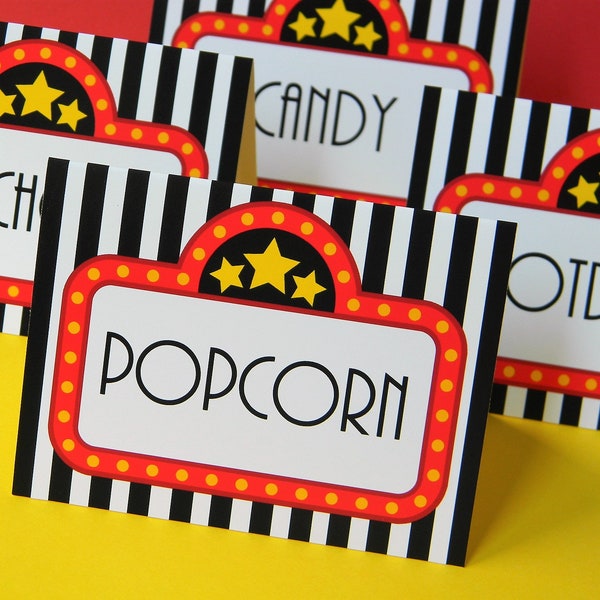 Movie Night Party Custom Food Labels, Movie Food Tents, Concession Labels