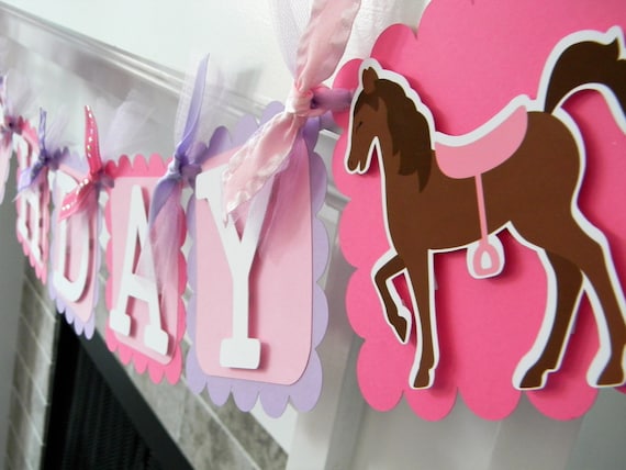 Horse Banner, Happy Birthday Banner, Horse Party Decorations in Pink and Purple