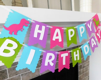 Dinosaur Birthday Banner, Dino Party Decor, Girl Dinosaur Birthday