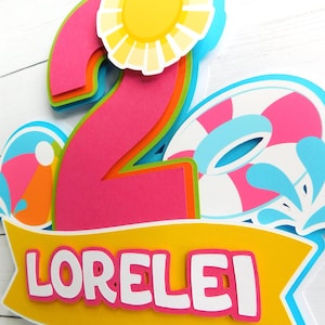 May include: A colorful, layered paper cake topper with a summer theme. The design features a large pink number 2, a yellow sun, a banner with the name "LORELEI", and images of a beach ball and a life preserver. The topper is suitable for a birthday celebration.