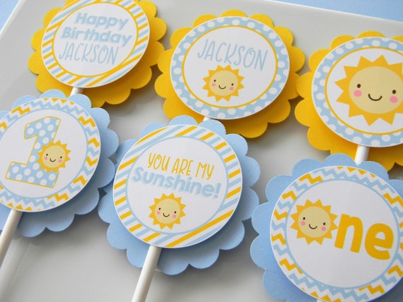 Sunshine Cupcake Toppers, Sunshine Cupcakes, Blue Sunshine Party Decor