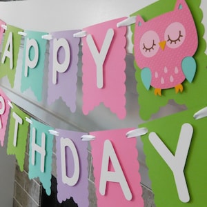 Owl Party Banner: Custom Birthday Decorations, Pastel Colors