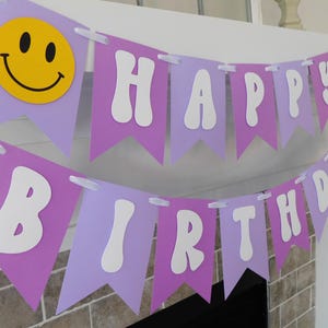 Happy Face Birthday Banner - Preppy Party Decor, Smile Theme, Purple Happy Face Banner, Fully Assembled, Kids Happy Face Party Decorations