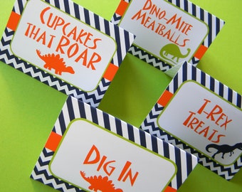 Carpas de comida para fiestas de dinosaurios - Etiquetas personalizables - Decoración de mesa de dinosaurios
