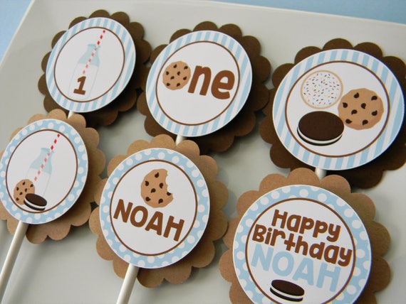 Milk and Cookies Cupcake Toppers, Milk and Cookies Cupcakes, Cookie Party Decor