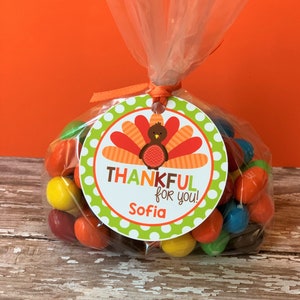Op de afbeelding: Een groene en witte stippenronde tag met een Thanksgiving-kalkoenontwerp. De tag zegt "Thankful for you!" en heeft de naam "Sofia" eronder gedrukt.