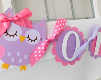 Owl First Birthday Highchair Banner: Pink & Purple Party Decor