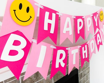 Happy Face Birthday Banner, Preppy Party Decor, Smile Birthday Banner