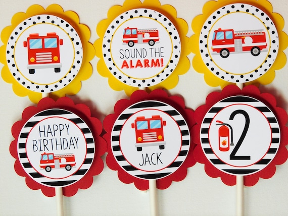 Firetruck Party Cupcake Toppers, Firetruck Cupcakes, Fireman Party Decor