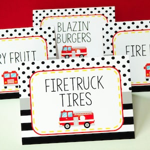 Firetruck Food Labels, Fireman Food Tents, Fireman Party Decor