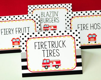 Firetruck Food Labels, Fireman Food Tents, Fireman Party Decor