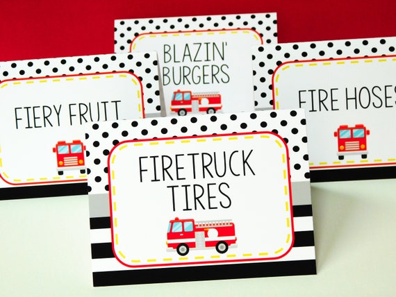 Firetruck Food Labels, Fireman Food Tents, Fireman Party Decor