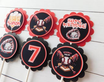 Personalized Baseball Drip Ice Cream Party Cupcake Toppers - Red and Black Birthday Decor