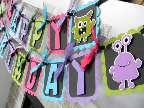 Girl Monster Bash Banner, Happy Birthday Banner, Monster Party Decorations