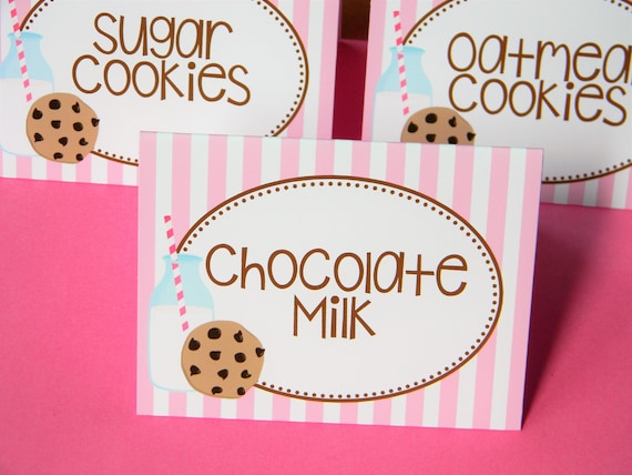 Pink Milk and Cookies Food Labels, Milk and Cookies Food Tents, Party Decor