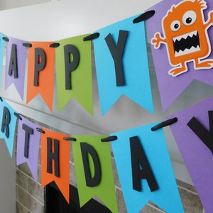 May include: A colorful banner with the words "Happy Birthday" in black letters on a variety of colored flags. The banner is decorated with a cartoon monster.