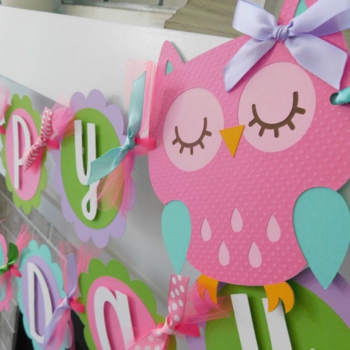 Snowy Owl Blue 'Happy Birthday' Banner - Foldable Pennant Party Decoration
