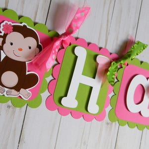 Monkey Banner, Happy Birthday Banner, Monkey Party Decorations in Pink and Green