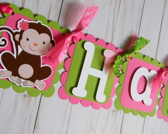 Monkey Banner, Happy Birthday Banner, Monkey Party Decorations in Pink and Green