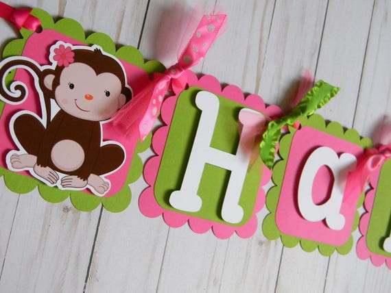 Monkey Banner, Happy Birthday Banner, Monkey Party Decorations in Pink and Green