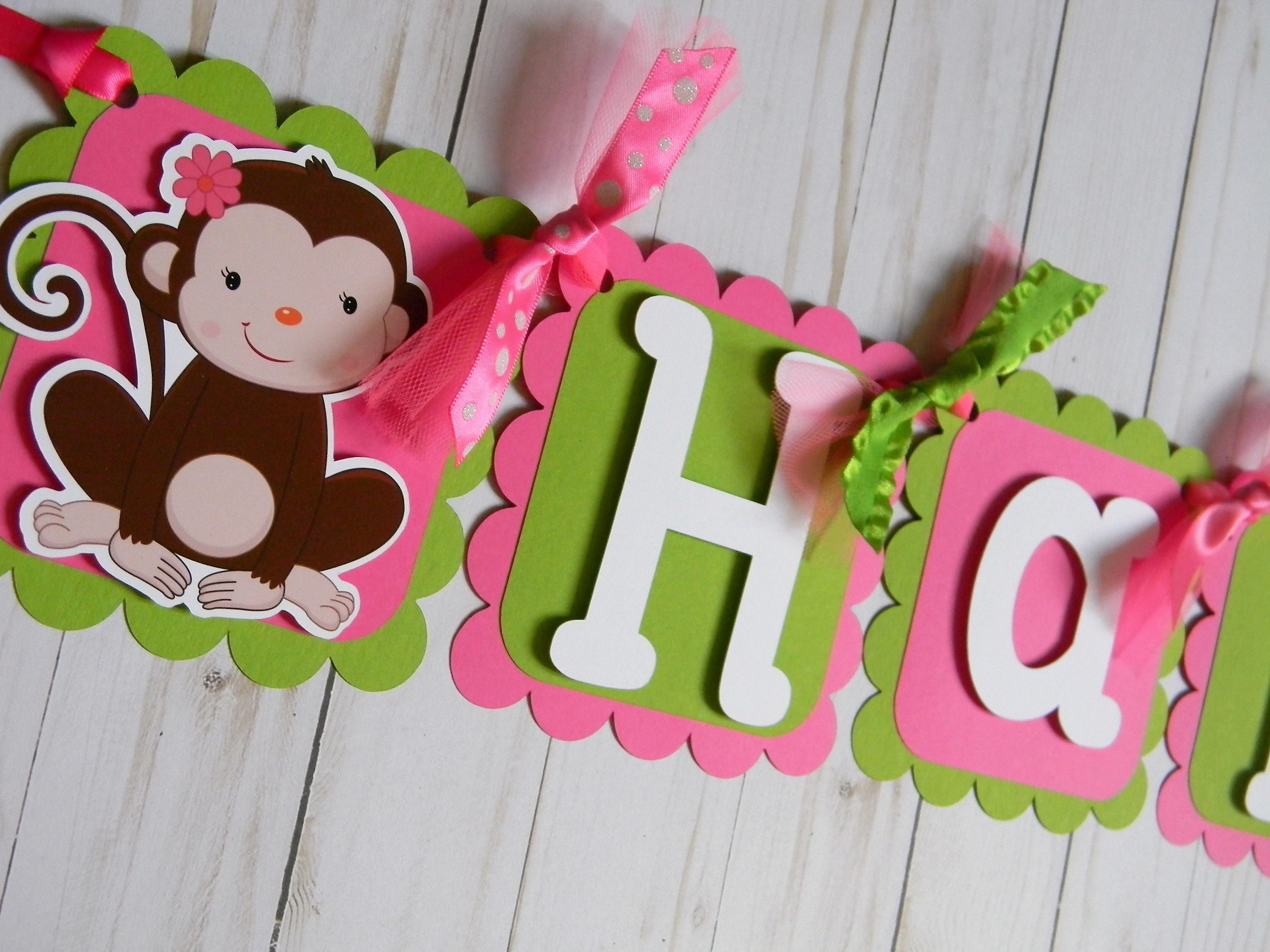 Monkey Birthday Banner Monkey Party Decorations Monkey Pink Etsy