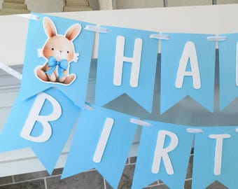 Bunny Party Banner: Blue & White Easter Birthday Decor