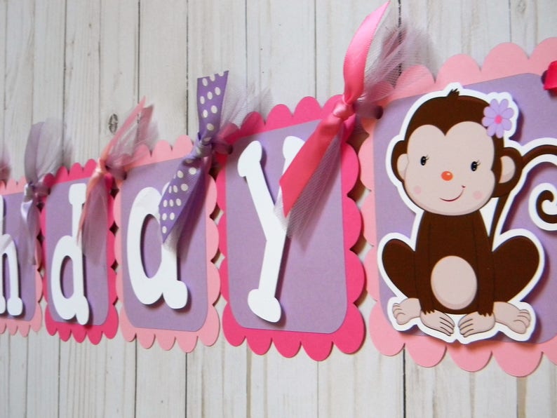 Monkey Birthday Banner Monkey Party Decorations Monkey Pink Etsy