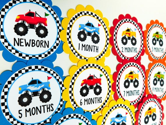 Monster Truck Photo Banner Tags, 1st Birthday, Newborn to 12 Months Labels