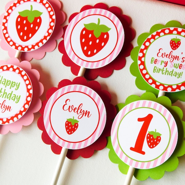 Strawberry Party Cupcake Toppers, Strawberry Cupcakes, Berry First Birthday