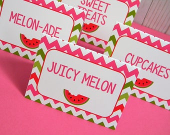 Watermelon Party Food Labels, Melon Food Tents, One in a Melon Party Decor