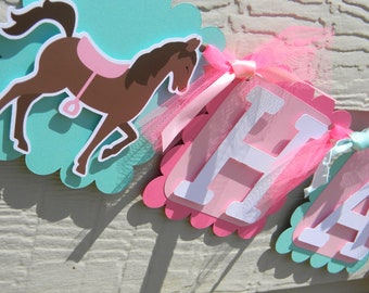 Horse Banner, Happy Birthday Banner, Horse Party Decorations in Pink and Teal