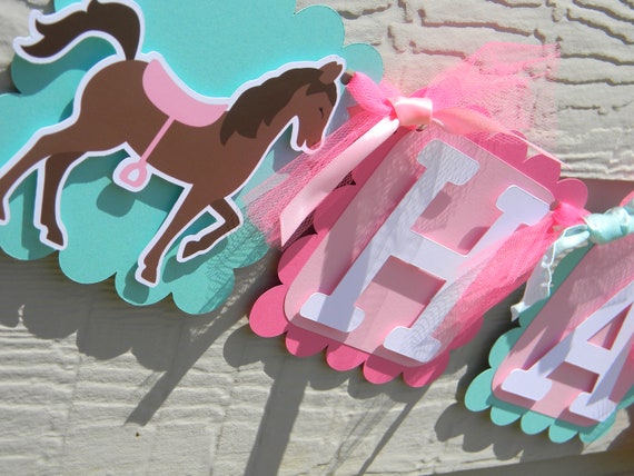 Horse Banner, Happy Birthday Banner, Horse Party Decorations in Pink and Teal