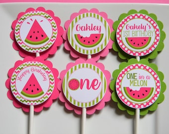 Personalized Watermelon Cupcake Toppers: One in a Melon Party Decor