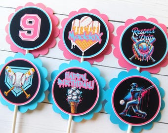 Personalized Baseball Ice Cream Drip Cupcake Toppers - Pink & Blue Party Decor