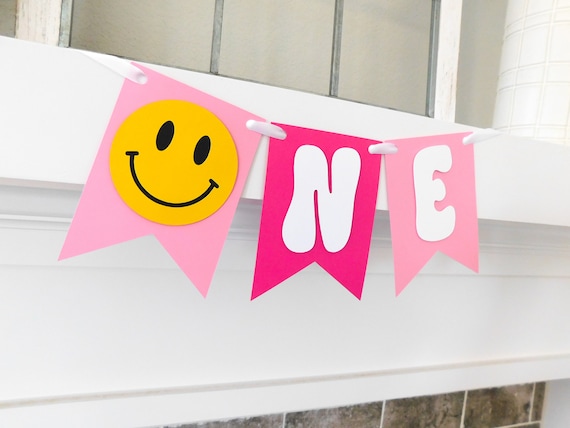 Happy Face High Chair Banner, Preppy Party Decor, Highchair Garland, Smile First Birthday
