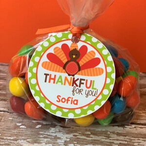Op de afbeelding: Een groen, wit en oranje Thanksgiving-thema cadeau-etiket met een kalkoenillustratie. Het etikett zegt "Thankful for you!" en "Sofia".
