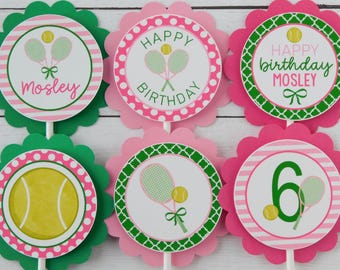 Tennis Birthday Cupcake Toppers: Pink & Green Party Decor
