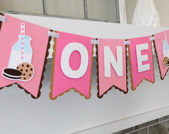 Milk and Cookies First Birthday Highchair Banner: Pink Party Decor