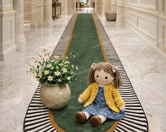 Alfombra larga verde para pasillo, alfombra de lana hecha a mano, alfombra de lujo para entrada, alfombra con borde de rayas blancas y negras, alfombra de pasillo personalizada, hogar moderno