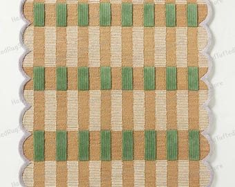 Anthropologie 8x10 Scalloped Checkered Rug – Green Beige Hand-Tufted  Decor 9x12, 10x14 .