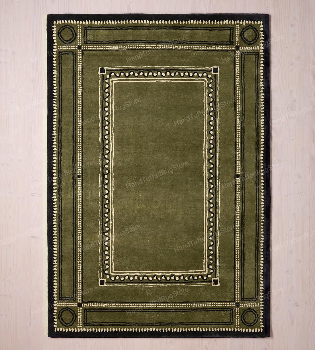 Bordered Wool Rug Olive Green Border Wool Rug | Handmade Minimal Classic Area Carpet - Etsy
