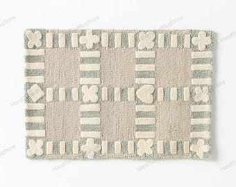 Anthropologie Geometric Check Rug – Neutral Hand Tufted Modern Area Carpet 8x10, 9x12, 10x14