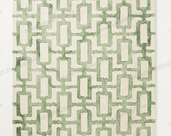 Anthropologie Green Geometric Anthro Rug – Modern Hand Tufted Pattern Carpet Handmade Wool Rug 9x12,10x14