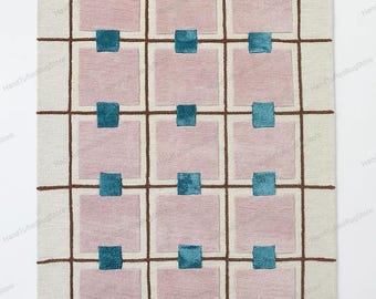 Alfombra Anthropologie – Alfombra moderna con estampado anudado a mano en rosa y verde azulado de 8x10 y 9x12