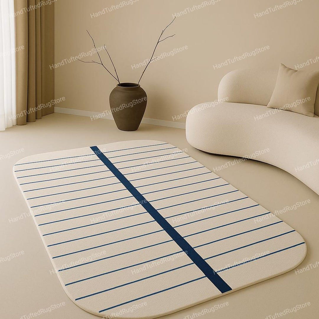 Line Edged Rug 8x10 Minimalist Rounded Stripe Rug – Modern Blue Line Aesthetics Carpet ...