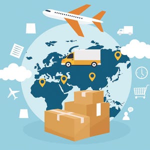 Puede incluir: Ilustraci&oacute;n de env&iacute;o y log&iacute;stica global. Un avi&oacute;n naranja y blanco vuela sobre un mapa del mundo con un cami&oacute;n de reparto amarillo, cajas de entrega y marcadores de ubicaci&oacute;n. Iconos adicionales incluyen un reloj, carrito de compras y una persona.