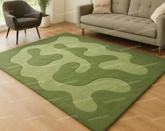Grüner Abstrakter Moderner Teppich | Handgetufteter Teppich | Organische Form Wohnzimmerteppich 20x10, 9x12