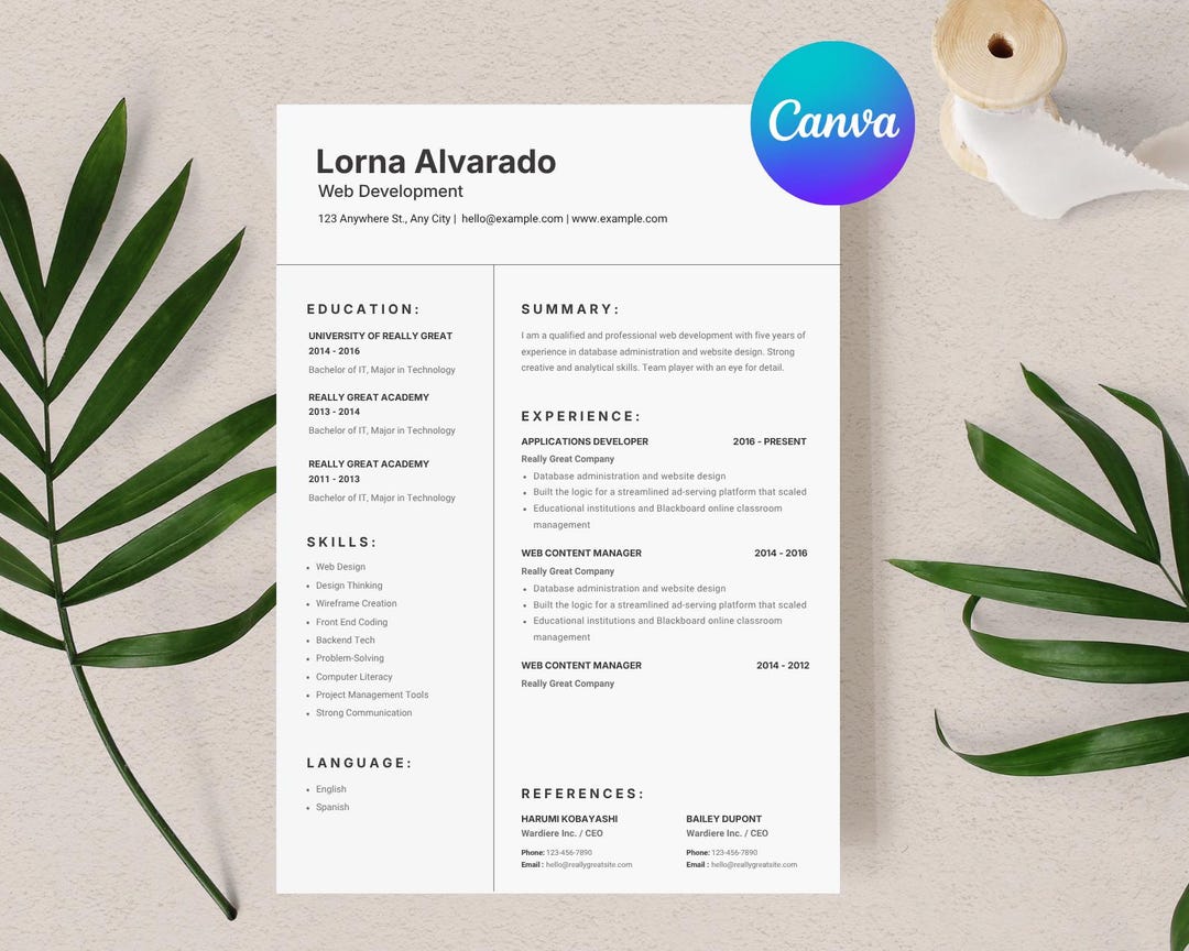 Modern Resume Template Canva | Professional CV Design (instant Download ...