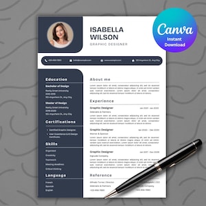 May include: A resume template for a graphic designer, featuring a photo, name, and contact information. The design is in shades of blue and white, with sections for education, experience, and skills. A pen rests on the resume, and a Canva logo is visible.