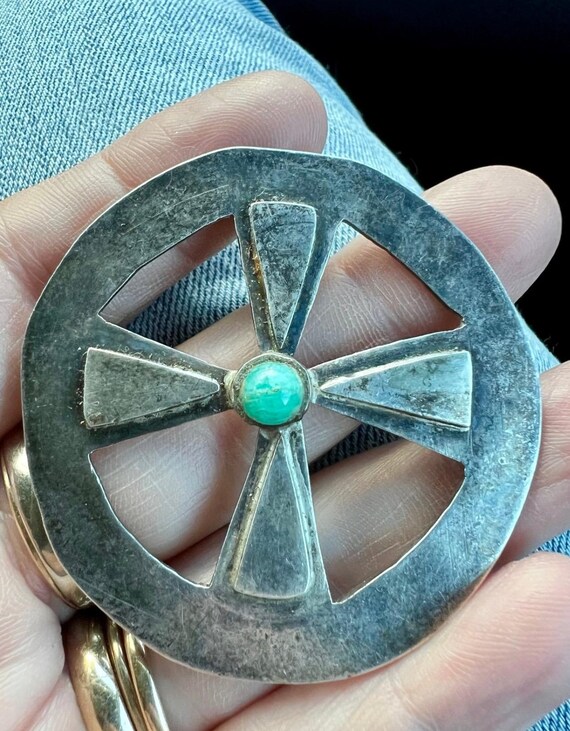 large old sterling turquoise wagon wheel pendant View 3